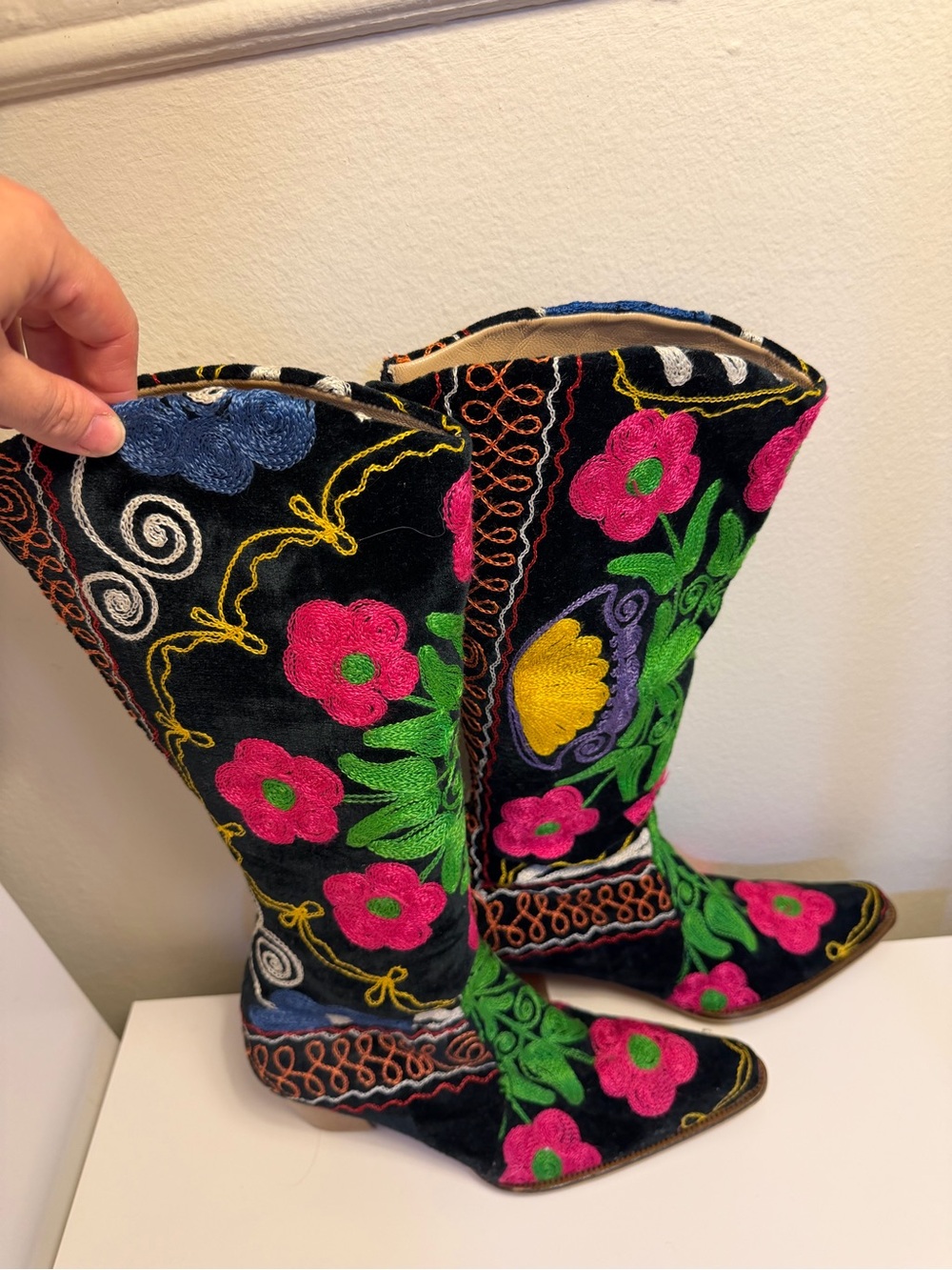 Women's Knee-High Embroidered Floral Boots - Black with Pink & Green - Picture 8 of 8